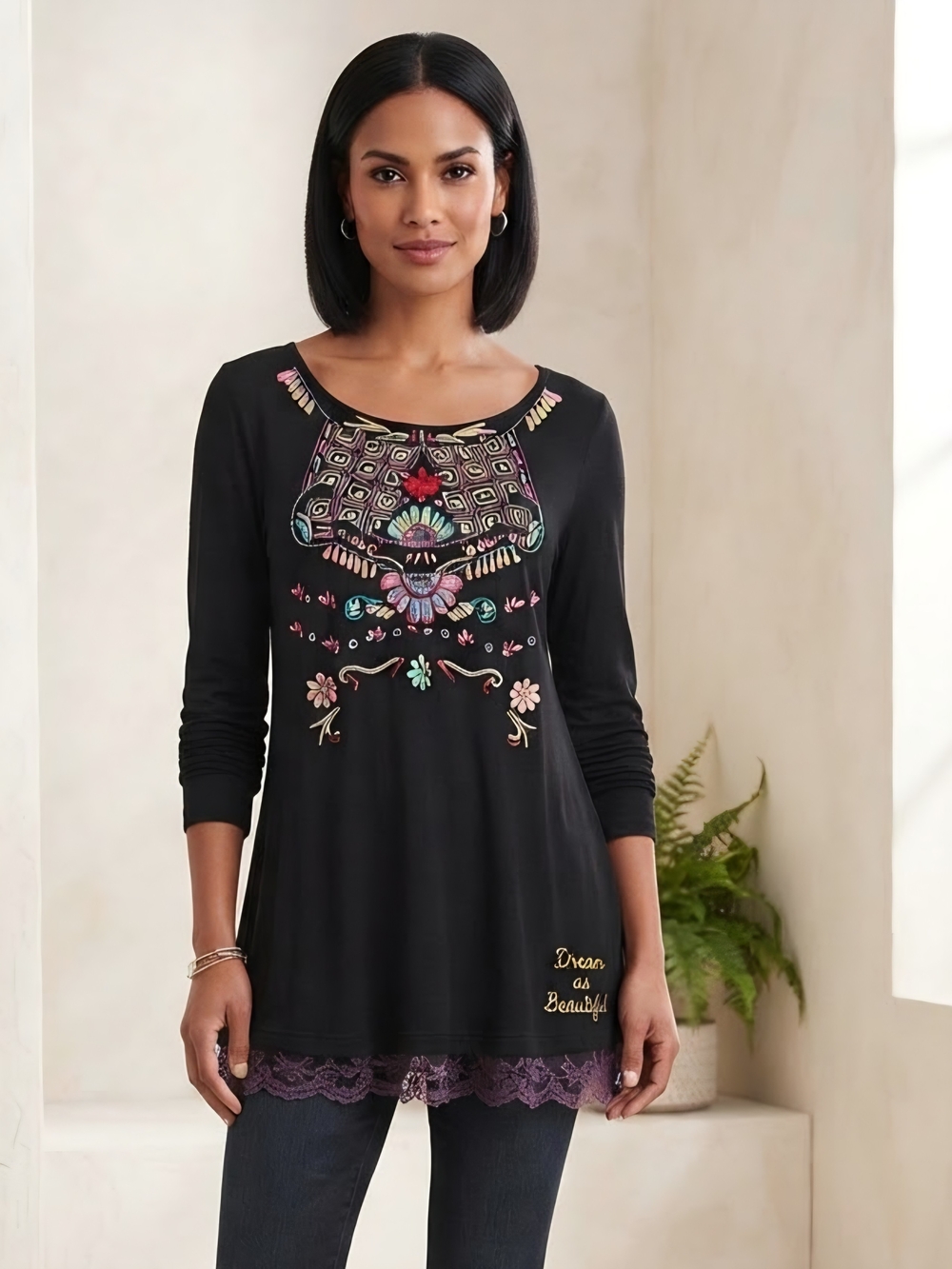 Desigual Black Tunic with Multicolor Embroidered Yoke
